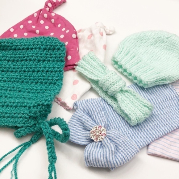 Set of 6 baby girl hats + headband - Picture 2 of 4